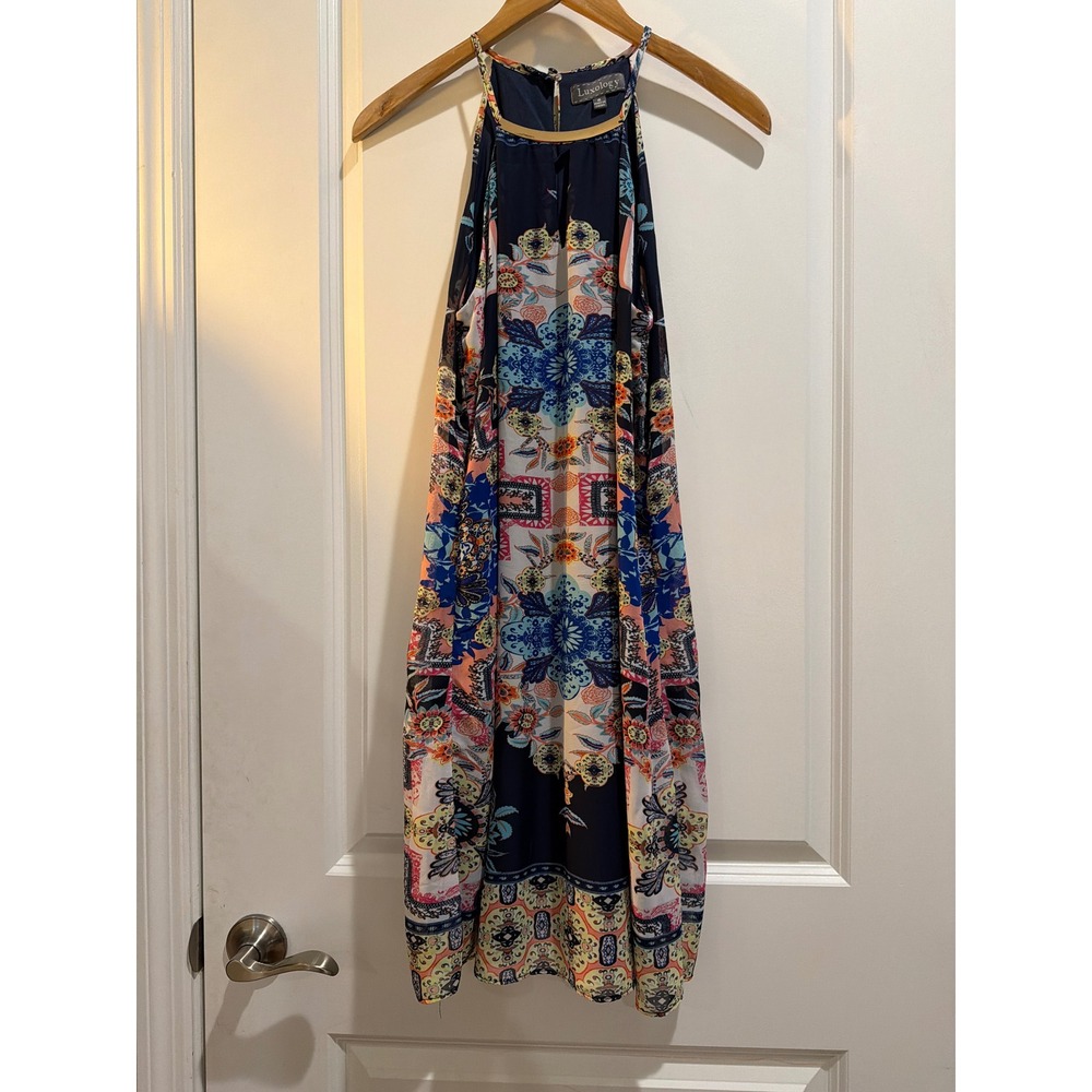 Luxology Womens Navy Blue Boho Medallion Halter Shift Dress Silver Neckline 6